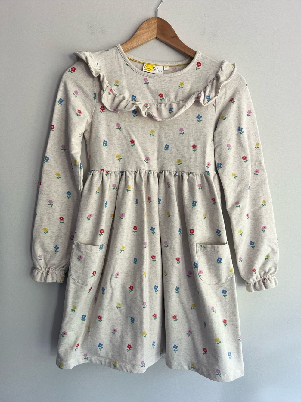 Mini Boden Cream Floral Ruffle-Neck Long Sleeve Dress 11-12Y